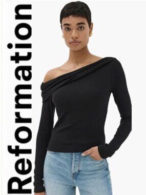 Reformation Elio Knit Top Black Off-Shoulder Stretch Size Medium